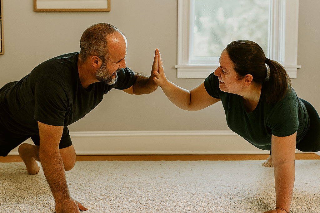 Two people doing push-up high five
