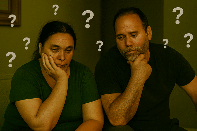 Pensive couple surrounded by questions, why is weight loss so hard