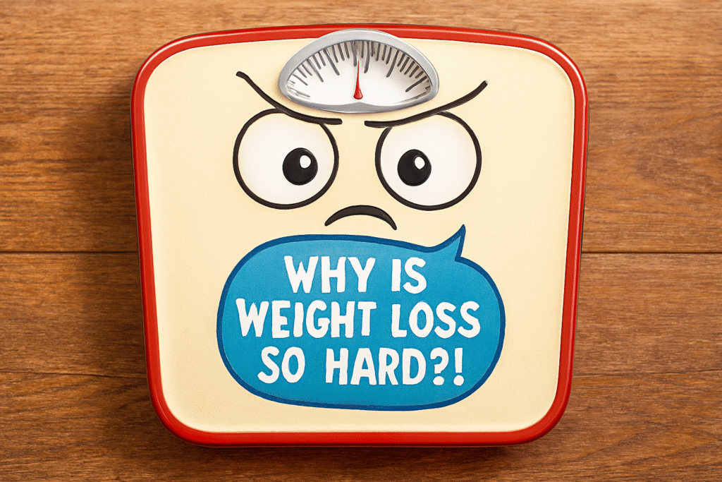 Comical bathroom scale asking 'Why is weight loss so hard?!'