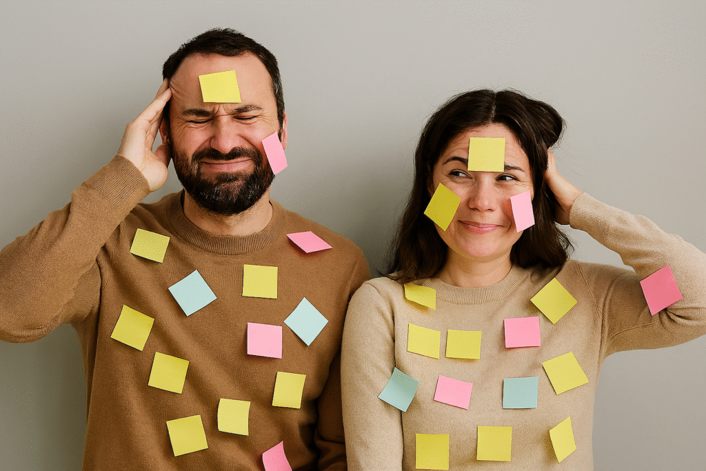 confused man and woman with sticky notes on them