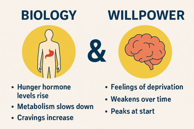 Infographic showing biology and willpower effects of restricted diets.