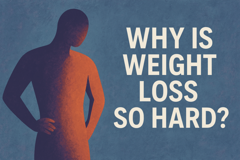 Abstract figure split in warm and cool tones beside bold text asking 'Why Is Weight Loss So Hard?