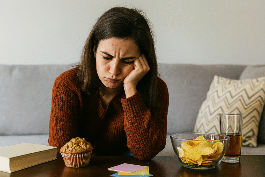 Woman in an orange sweater sitting at a table, looking frustrated while staring at a muffin and bowl of chips; conveys emotional struggle with food choices considers overeating myths