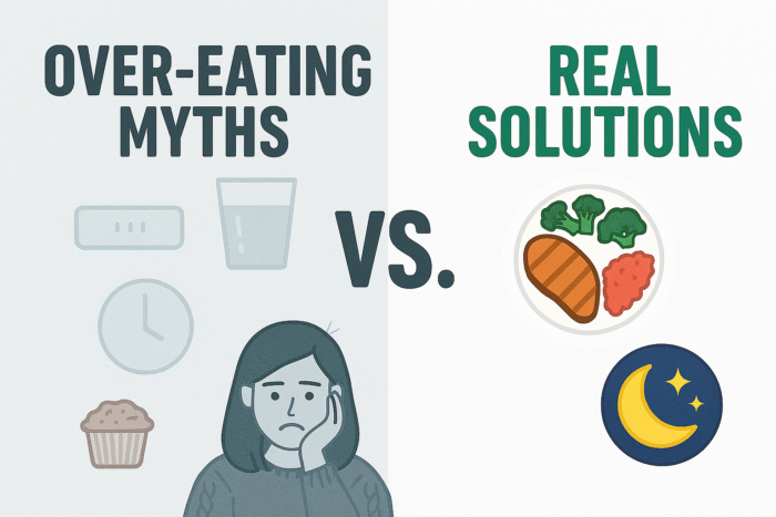 Split-screen infographic showing faded icons of gum, water, and clock labeled “Overeating Myths” on the left, and vibrant icons of a balanced plate and sleep symbol labeled “Real Solutions” on the right; minimalist flat design with cool neutral tones.