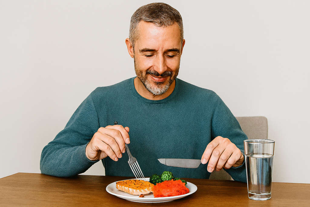 Smiling man sitting at a kitchen table, enjoying a balanced meal with vegetables, protein, and whole grains; conveys satisfaction and calm after making healthy eating choices for weight loss and fat loss