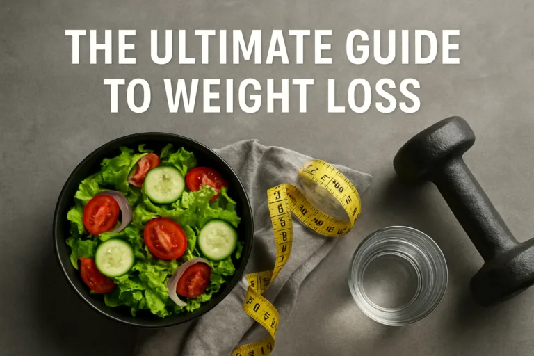 Flat-lay image representing weight loss and fat loss, featuring a fresh salad bowl, a yellow measuring tape, a glass of water, and a black dumbbell on a gray background, with the text 'The Ultimate Guide to Weight Loss' displayed at the top