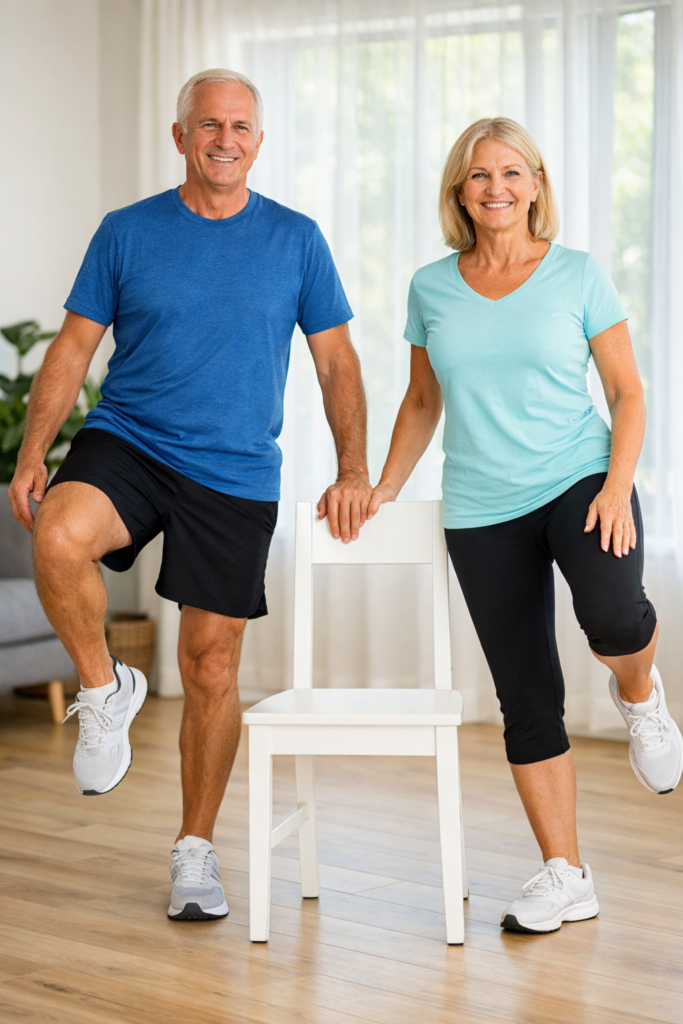 Fit senior man doing standing marches while a fit senior woman performs hamstring curls, both holding a chair for support in a bright living room.
