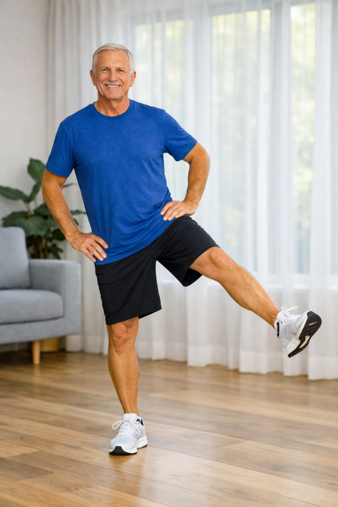 Fit senior man performing side leg raises in a bright living room, demonstrating standing leg exercises for seniors.