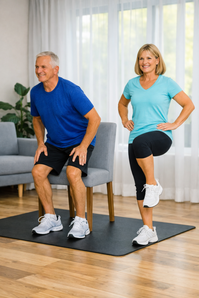 Fit senior man performing sit‑to‑stands from a chair while senior woman does standing marches beside him in a bright living room.