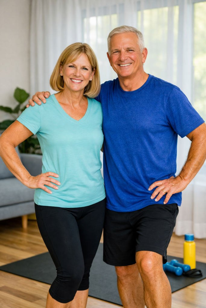 Fit senior man and woman standing side by side on an exercise mat, smiling after finishing their workout in a bright living room.